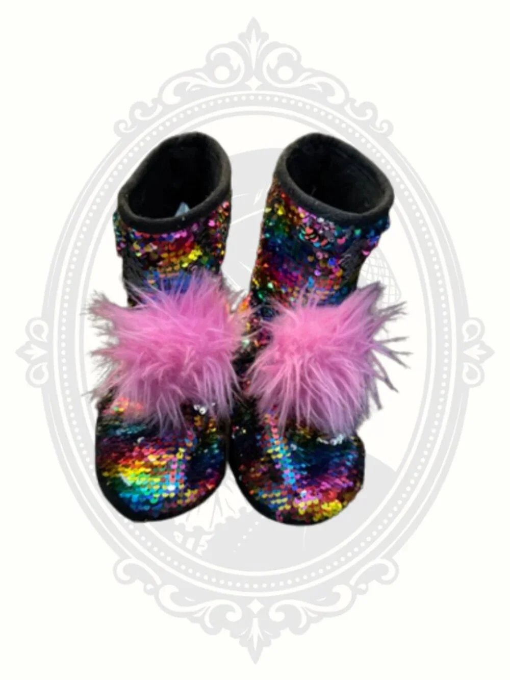 Justice Rainbow Sequin Slipper Boots Girls Size 2/3 Pink Pom Poms Cozy Indoor